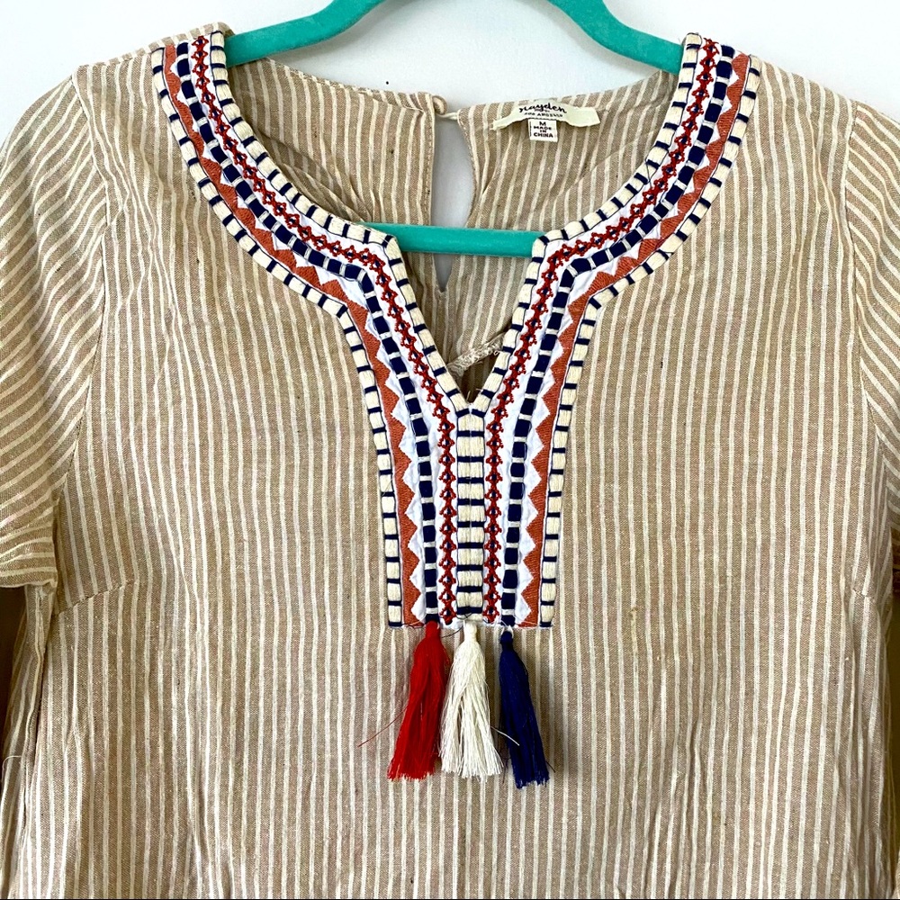 Hayden Tan Striped Embroidered Peasant Tunic Top